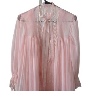 Vintage 50's 60's Pink Chiffon Lace Maxi Slip Sheer House Coat Robe Lingerie Set